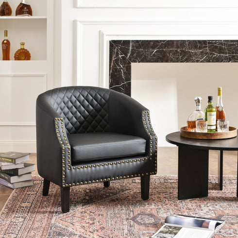 Louis Faux Leather Tufted Club Chair - Black Accent Chair | Decorative Accent Chairs | Kinwell Furniture | Modern Club Chairs | Barrel Club Chair | Nailhead Trim Chair | Contemporary Faux Leather Chair | Elegant Black Chair